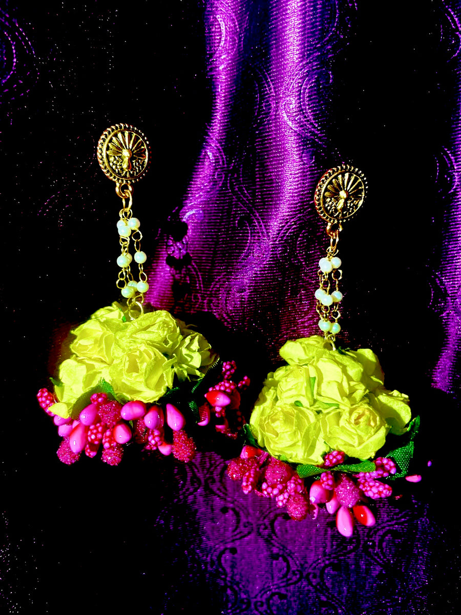 Yellow and Pink Jhumka Earrings Flower Jewellery