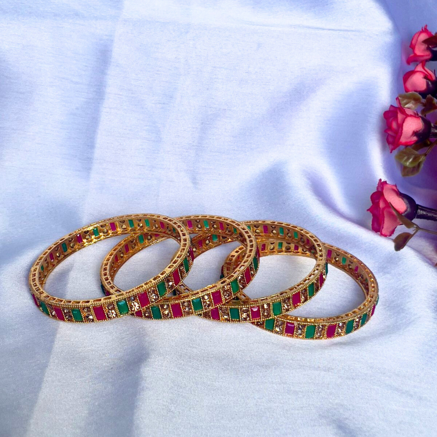 TRENDY RED GREEN STONE BANGLES - 4PCS SET