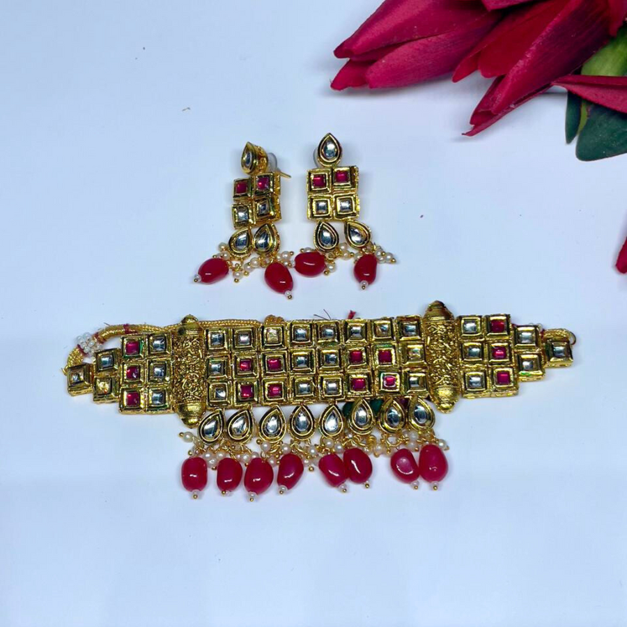 WHITE AND RED KUNDAN CHOKER